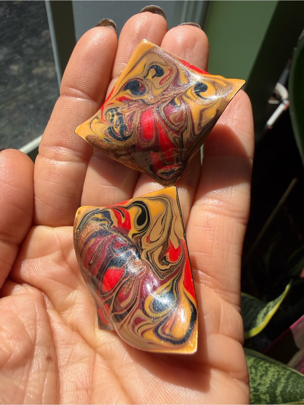 Abstract Vintage Multicolor Swirl Resin Earrings - Red, Gold & Black